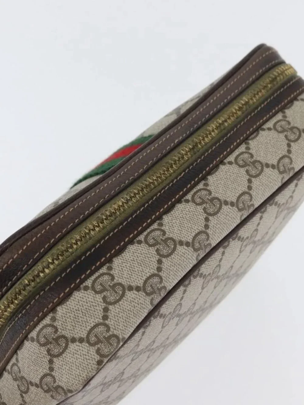 GUCCI GG Supreme Web Sherry Line Clutch Bag PVC Beige Red Green Auth ka3285
